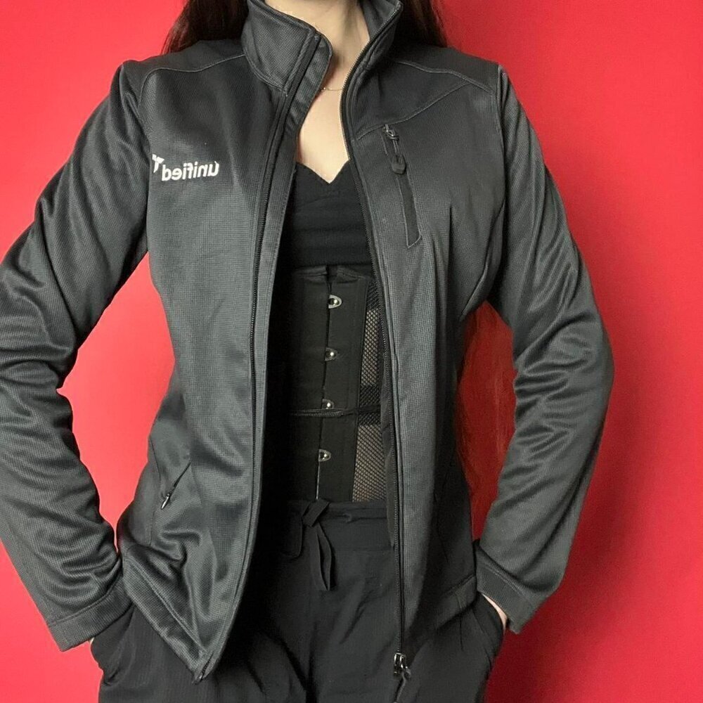 Thick fabric grey zip up coat sweater with wording on the chest​​​​​​​​​​​​​​​